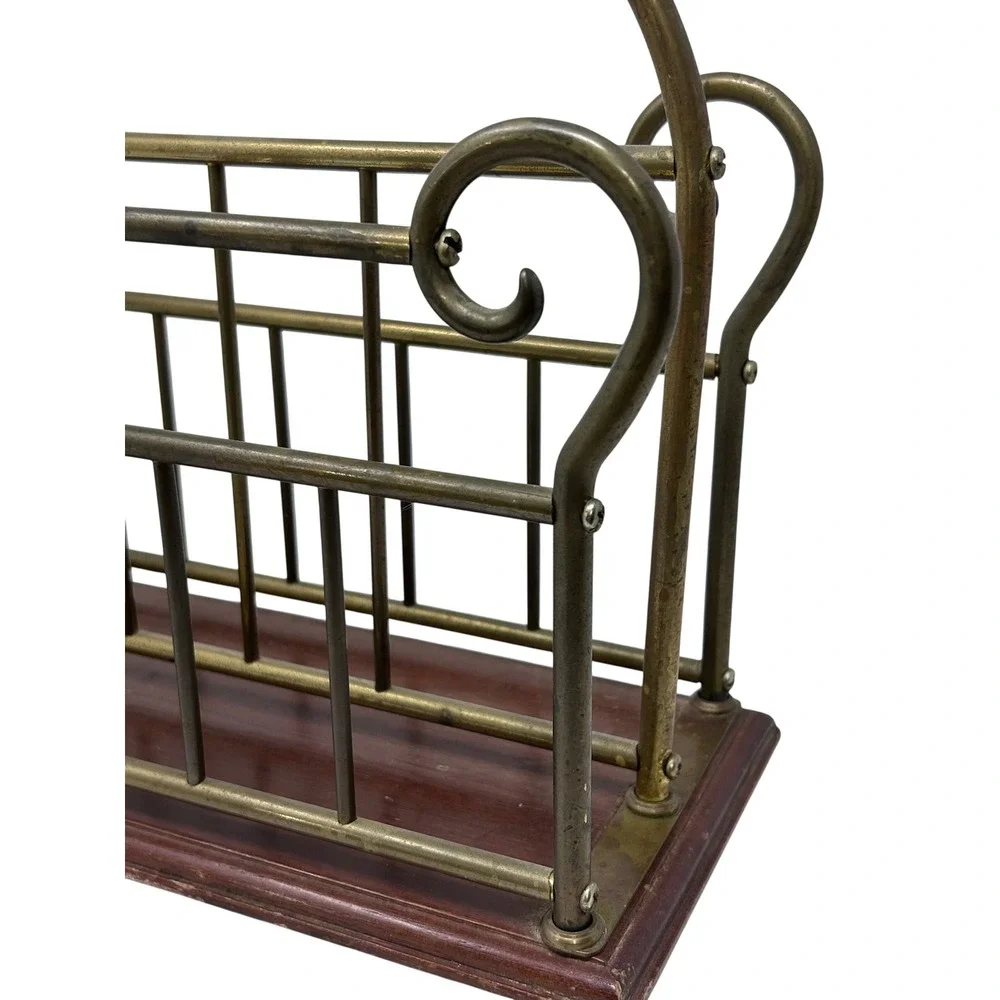 Vintage Brass Magazine Rack Wood Base Scroll Handle Double Slot Record Holder‎